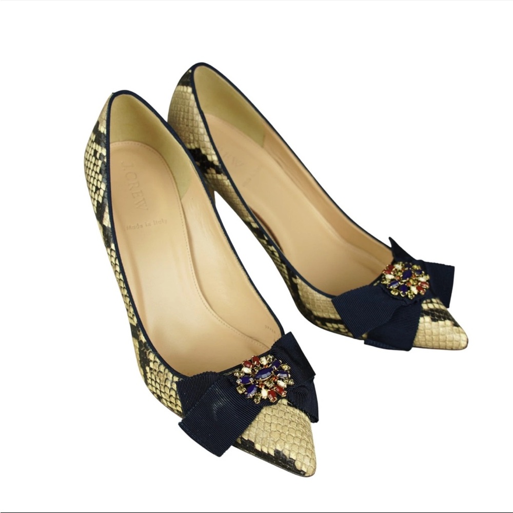J. Crew Colette bow pumps snake-embossed leather gemstone bow Italy Sz 8 Party